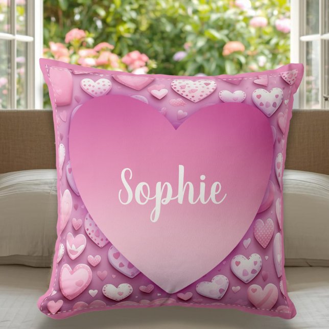 Persoonlijke naam Pink Heart Kussen (Personal Name Pink Heart Throw Pillow)