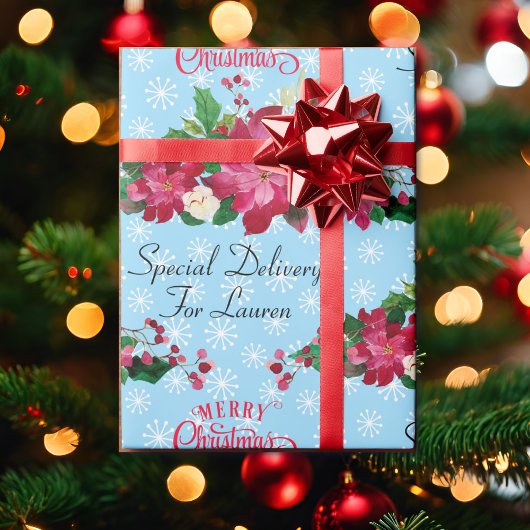 Persoonlijke naam Poinsettia Snowflakes Kerstmis W Cadeaupapier
