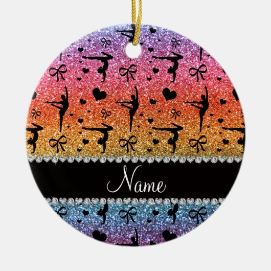 Persoonlijke naam regenbooglittergymnastiek keramisch ornament (Voorkant)