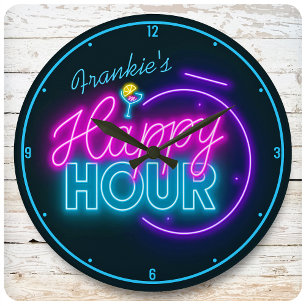 Persoonlijke NAAM Retro Faux Neon Happy Hour Bar Ronde Klok