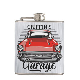 Persoonlijke NAAM Retro Rode Klassieke Auto Garage Heupfles