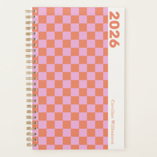 Persoonlijke naam retro roze oranje dambordpatroon planner