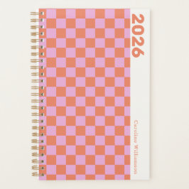 Persoonlijke naam retro roze oranje dambordruitpat planner