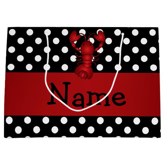 Persoonlijke naam rode kreeft zwarte polka stippen large cadeautasje (Voorkant)