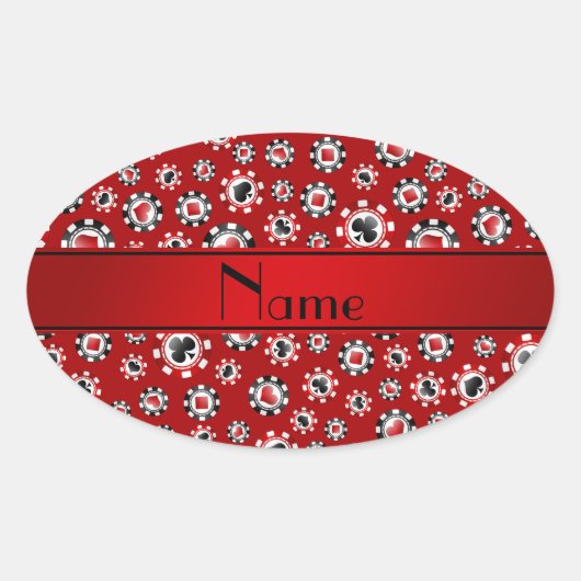 Persoonlijke naam rode pokerchips ovale sticker (Voorkant)