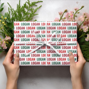 Persoonlijke naam rood groene kerstkleuren cadeaupapier