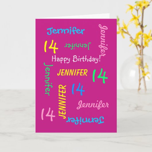 Persoonlijke naam, Roze, 14e verjaardag groet Kaart (Gele Bloem)