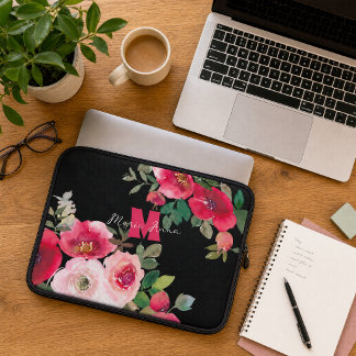 Persoonlijke naam roze bloemige cadeau voor haar laptop sleeve