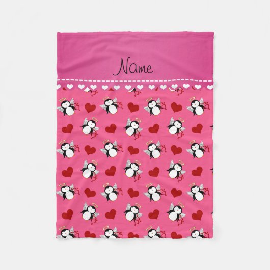 Persoonlijke naam roze cupid pinguins rood harten fleece deken (Voorkant)
