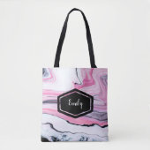 Persoonlijke naam roze en zwarte marmer canvas tas (Voorkant)