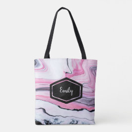 Persoonlijke naam roze en zwarte marmer canvas tas