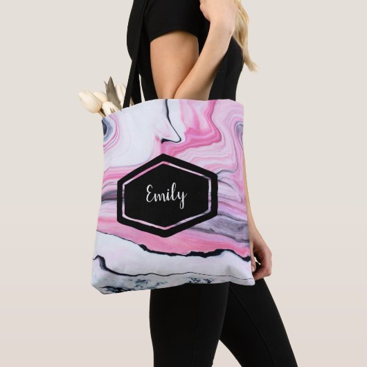 Persoonlijke naam roze en zwarte marmer canvas tas (Dichtbij)