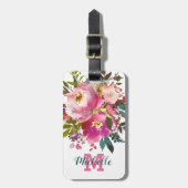 Persoonlijke naam | Roze Floral Monogram Bagagelabel (Voorkant verticaal)