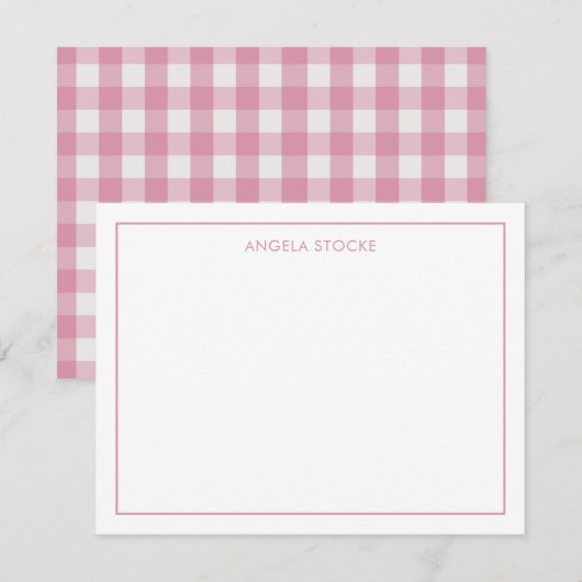 Persoonlijke naam roze gingham briefkaart (Voorkant / Achterkant)