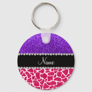Persoonlijke naam roze giraffe paarse glitter sleutelhanger