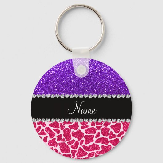 Persoonlijke naam roze giraffe paarse glitter sleutelhanger (Voorkant)