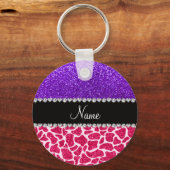 Persoonlijke naam roze giraffe paarse glitter sleutelhanger (Voorkant)
