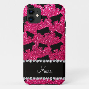 Persoonlijke naam roze glinsterende koeien iPhone 11 hoesje