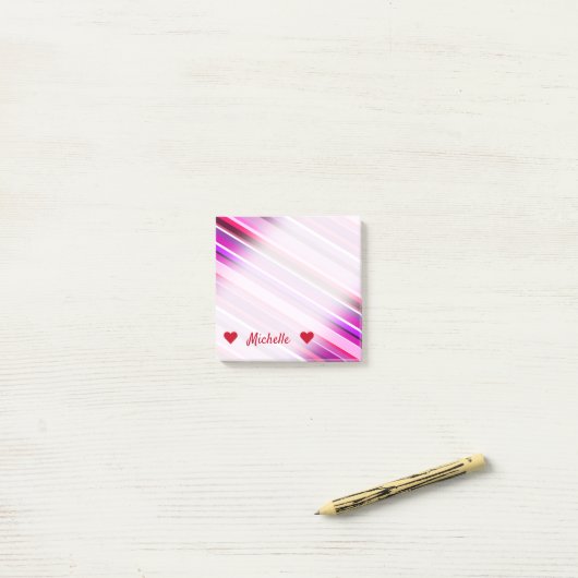 Persoonlijke naam + Roze, Paarse strips patroon Post-it® Notes (Op bureau)