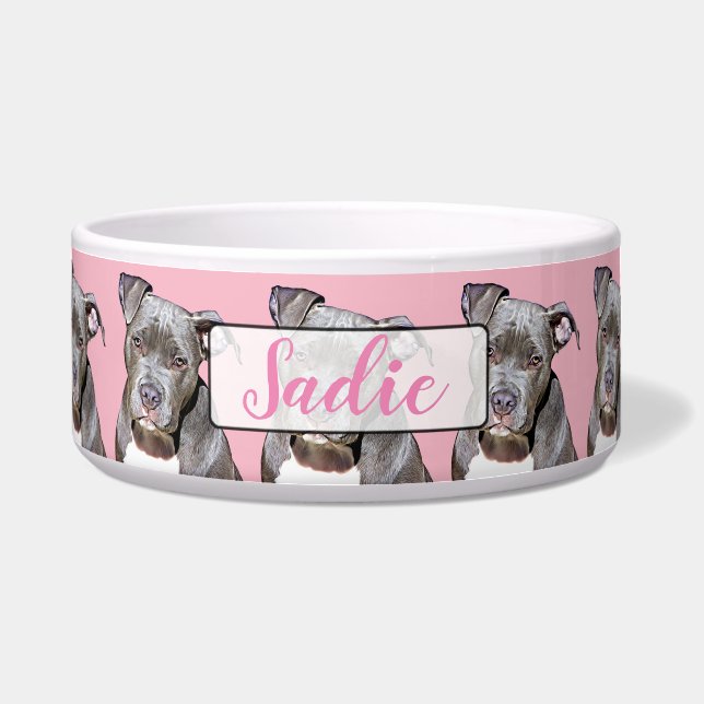 Persoonlijke naam Roze Pit Bull Dog Bowl Voerbakje (Voorkant)
