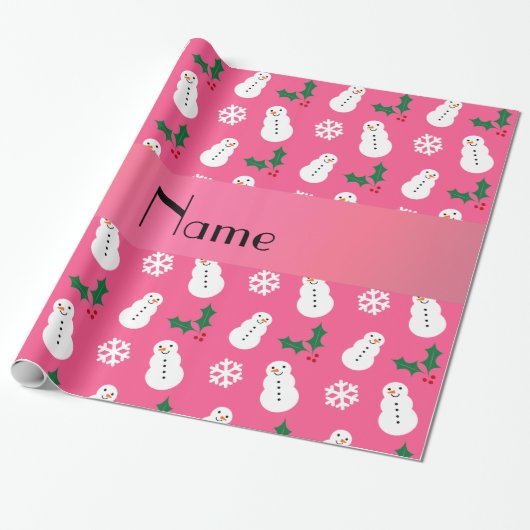 Persoonlijke naam roze sneeuwman kerst cadeaupapier (Uitgerold)