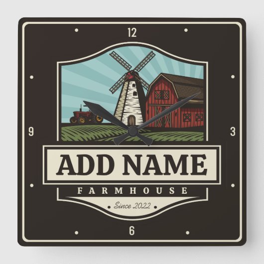 Persoonlijke naam Rustic Farmhouse Old Windmill Vierkante Klok (Voorkant)