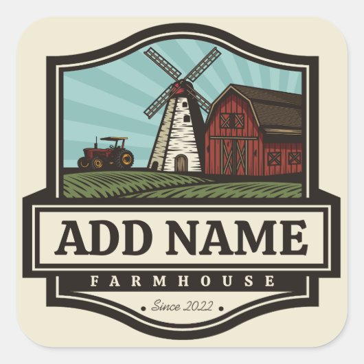 Persoonlijke naam Rustic Farmhouse Old Windmill Vierkante Sticker (Voorkant)