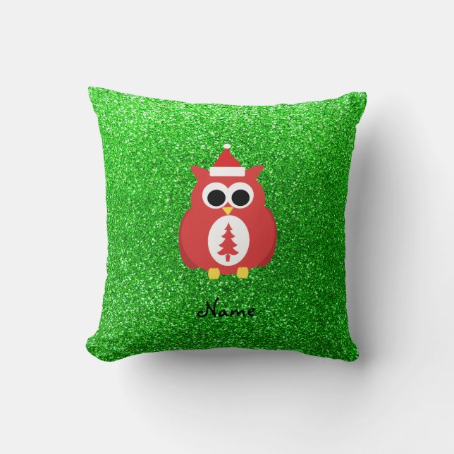 Persoonlijke naam santa owl green glitter kussen (Voorkant)