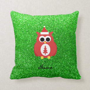 Persoonlijke naam santa owl green glitter kussen