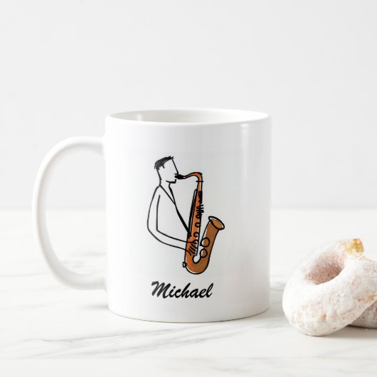 Persoonlijke naam saxofonist – muziek liefhebber koffiemok (Met donut)