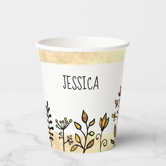 Persoonlijke naam Schattig goud wit & zwart bloemm Papieren Bekers (Voorkant)