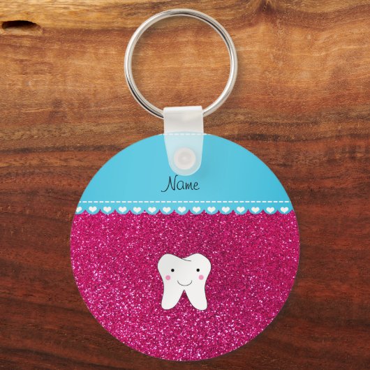 Persoonlijke naam schattig tandroze glitter sleutelhanger (Voorkant)
