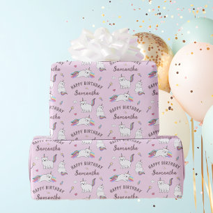 Persoonlijke Naam Schattige Eenhoorn Kat Verjaarda Cadeaupapier