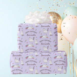 Persoonlijke Naam Schattige Eenhoorn Kat Verjaarda Cadeaupapier