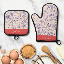Persoonlijke naam Schattige handgetekende voeding Ovenwant & Pannenlap Set