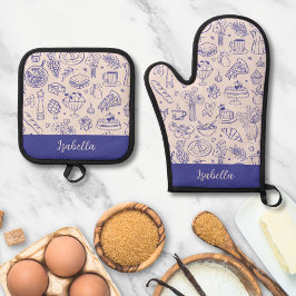 Persoonlijke naam Schattige handgetekende voeding Ovenwant & Pannenlap Set