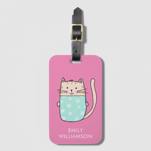 Persoonlijke naam schattige kattenillustratie bagagelabel (Voorkant (verticaal))