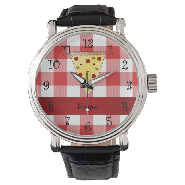 Persoonlijke naam schattige pizza rode ingecheckt horloge (Voorkant)