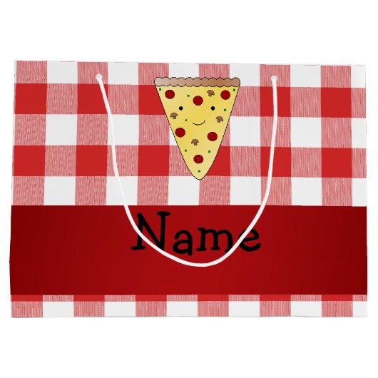 Persoonlijke naam schattige pizza rode ingecheckt large cadeautasje (Achterkant)