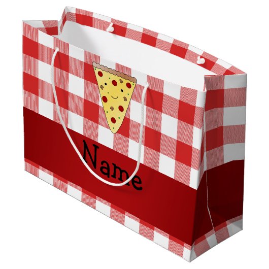 Persoonlijke naam schattige pizza rode ingecheckt large cadeautasje (Achterkant Gekanteld)