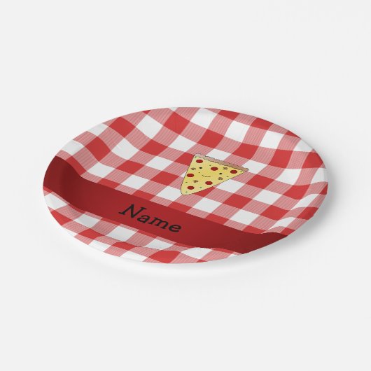 Persoonlijke naam schattige pizza rode ingecheckt papieren bordje (Gekanteld)