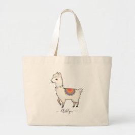 Persoonlijke naam Schattige Regenboog Lama Grote Tote Bag