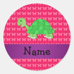 Persoonlijke naam schattige schildpad roze vlinder ronde sticker