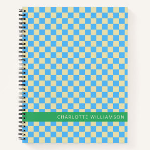 Persoonlijke naam school retro dambord blauw notitieboek