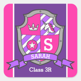 Persoonlijke naam schoolklasse unicorn crest vierkante sticker