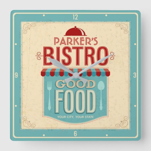 Persoonlijke naam Shabby Chic French Bistro Cafe Vierkante Klok (Voorkant)