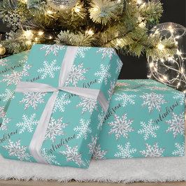 Persoonlijke naam Silver Snowflake Blauwgroen Gift Cadeaupapier