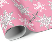 Persoonlijke naam Silver Snowflake Pink Gift Cadeaupapier (Rol Hoek)