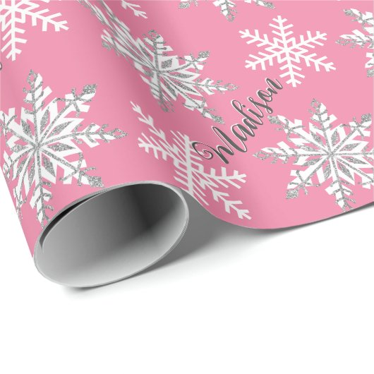 Persoonlijke naam Silver Snowflake Pink Gift Cadeaupapier (Rol Hoek)
