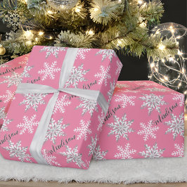 Persoonlijke naam Silver Snowflake Pink Gift Cadeaupapier